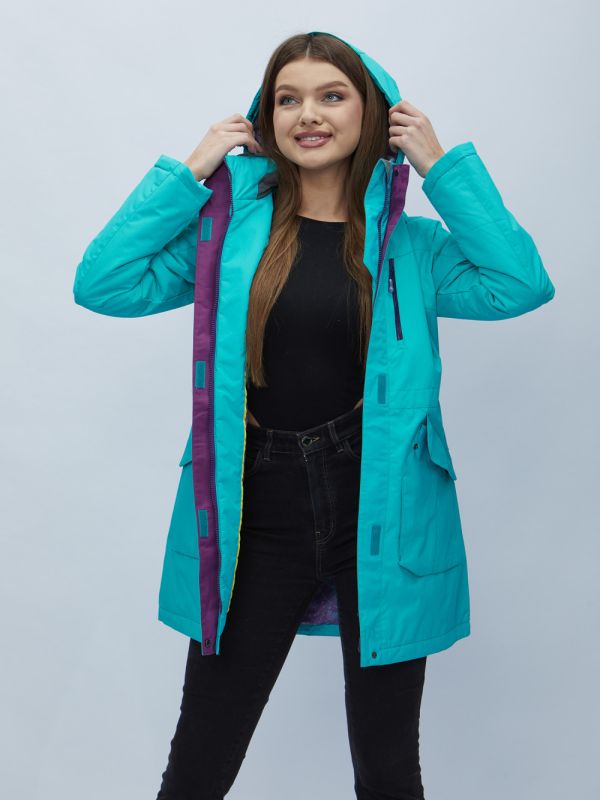 Turquoise hooded parka for women 551996Br